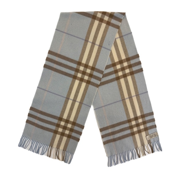 Burberry 100% Cashmere Scarf 🏴– Made in Scotland – Light Blue Check - Picture 4 of 17